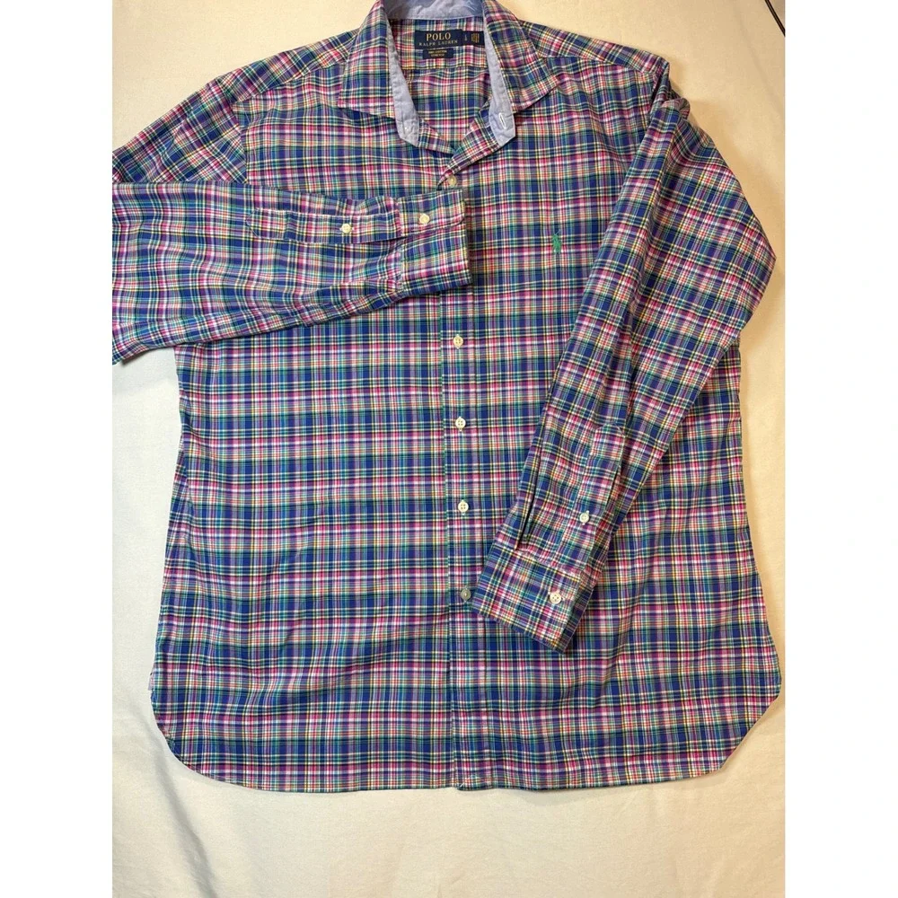 Polo Ralph Lauren Mens Large Plaid Cotton Stretch Button Down Shirt Multi Color